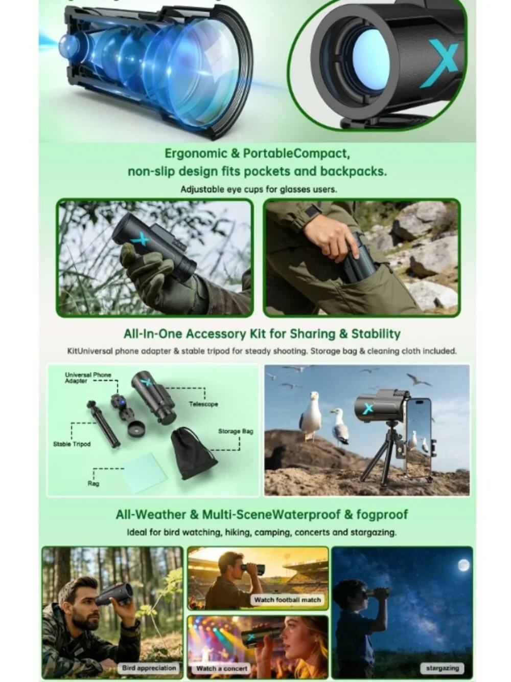 NEW 12x50 High Power HD Monocular Telescope with Phone Adapter & Tripod